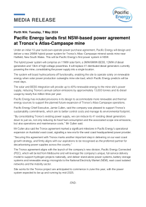 西澳大利亚珀斯：2024 年 5 月 7 日星期二 Pacific Energy 在 Tronox 的 Atlas-Campaspe 矿场签订了新南威尔士州首个电力协议